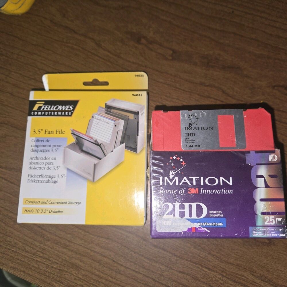 Imation 2HD IBM 25 Pack Rainbow HD Diskettes 1.44 MB SEALED + Fellows Fan file